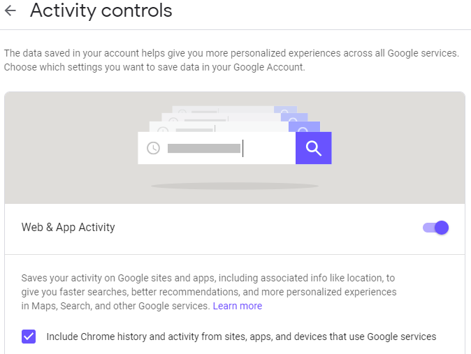 Chrome activity controls affect what data Google uses in offering you "more personalized experiences"