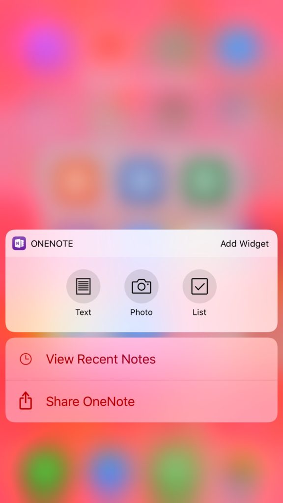 App shortcuts for the OneNote app