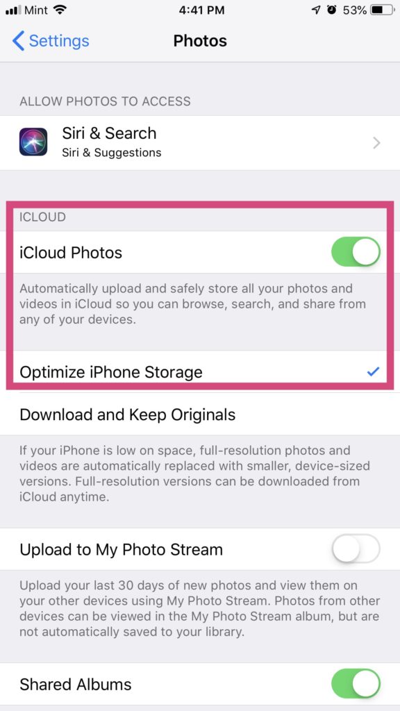 turn on iCloud photos and optimize storage